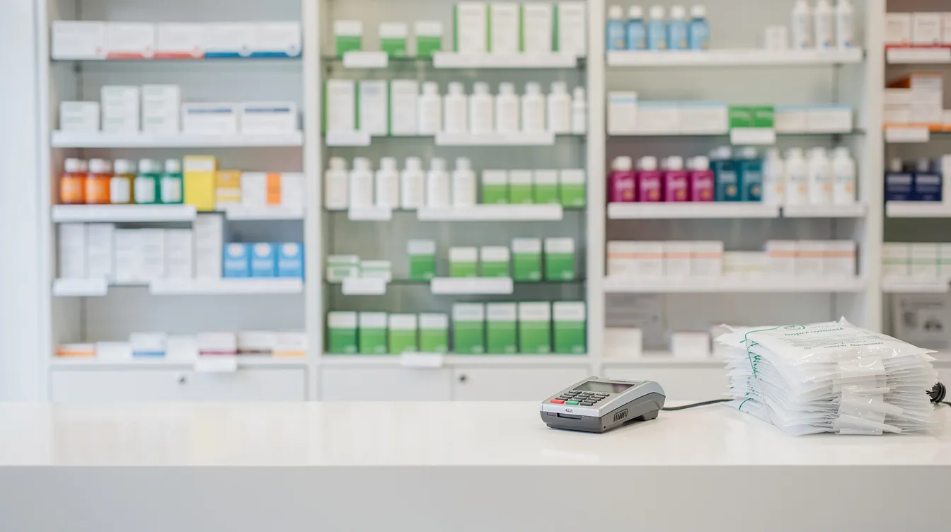 Das Bild zeigt eine Apotheken-Theke mit einer Vielzahl von Arzneimitteln im Hintergrund. In Anbetracht der bevorstehenden Legalisierung von Cannabis in Deutschland am 1. April 2024 könnte dies auch eine zukünftige Anlaufstelle für medizinisches Cannabis sein.
