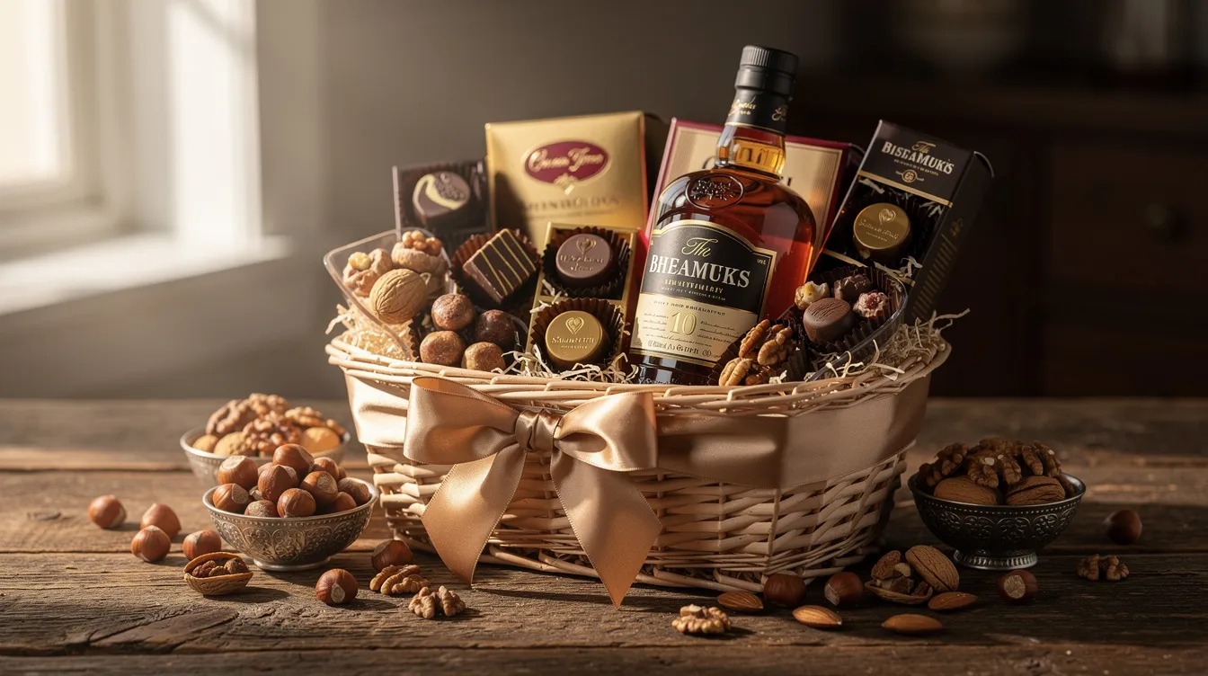 Na eleganckim drewnianym stole znajduje się kosz prezentowy, w którym znajduje się butelka whisky, czekoladki oraz orzechy, tworząc doskonały prezent dla mężczyzny na każdą okazję. Taki zestaw z pewnością wywoła szeroki uśmiech na twarzy obdarowanego.
