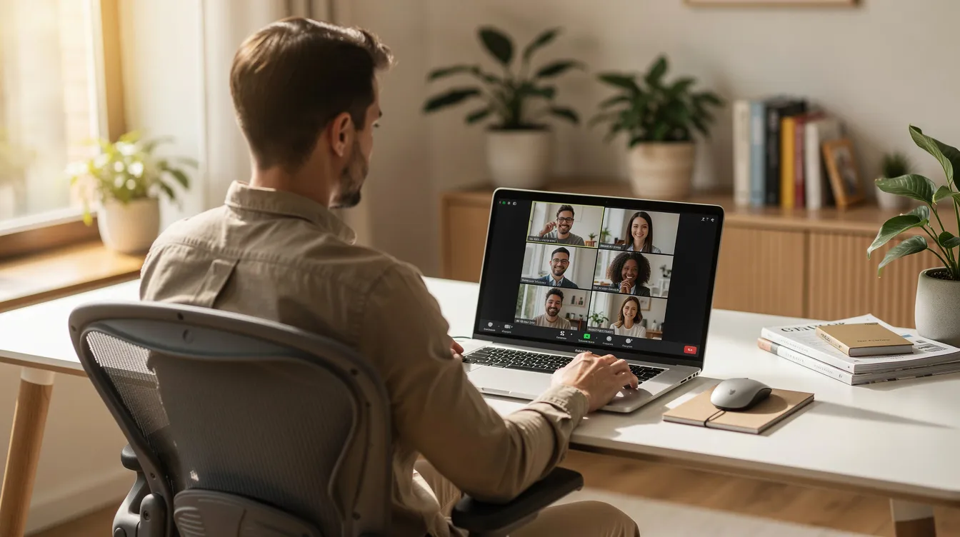 Une professionnelle travaille à domicile sur un ordinateur portable, avec une visioconférence visible sur l'écran. L'environnement de bureau moderne et lumineux reflète les pratiques de management à distance et le télétravail, favorisant le bien-être et la productivité des collaborateurs.