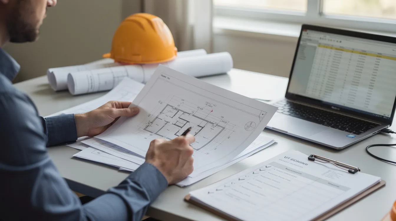 Keyword Research For Construction Websites (A Somewhat Quick &Amp; Dirty Edition) | Rsm Marketing A contractor is closely reviewing project documents at a desk, with a laptop open in front of them, highlighting the importance of effective seo strategy and keyword research for construction companies. The scene emphasizes the focus on relevant content and search engine optimization to attract qualified leads in the construction industry.