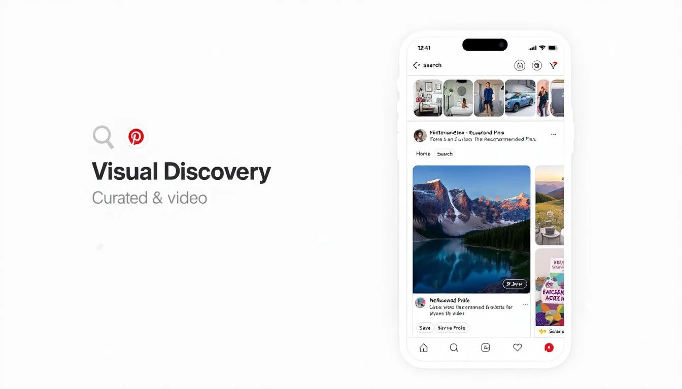 The image displays the Pinterest mobile app interface, showcasing its visual discovery features that allow users to find and save inspiration, such as home decor ideas and new brands. This popular social media platform, with millions of monthly active users, offers powerful tools for marketers to engage with their target audience through Pinterest ads and promoted pins.