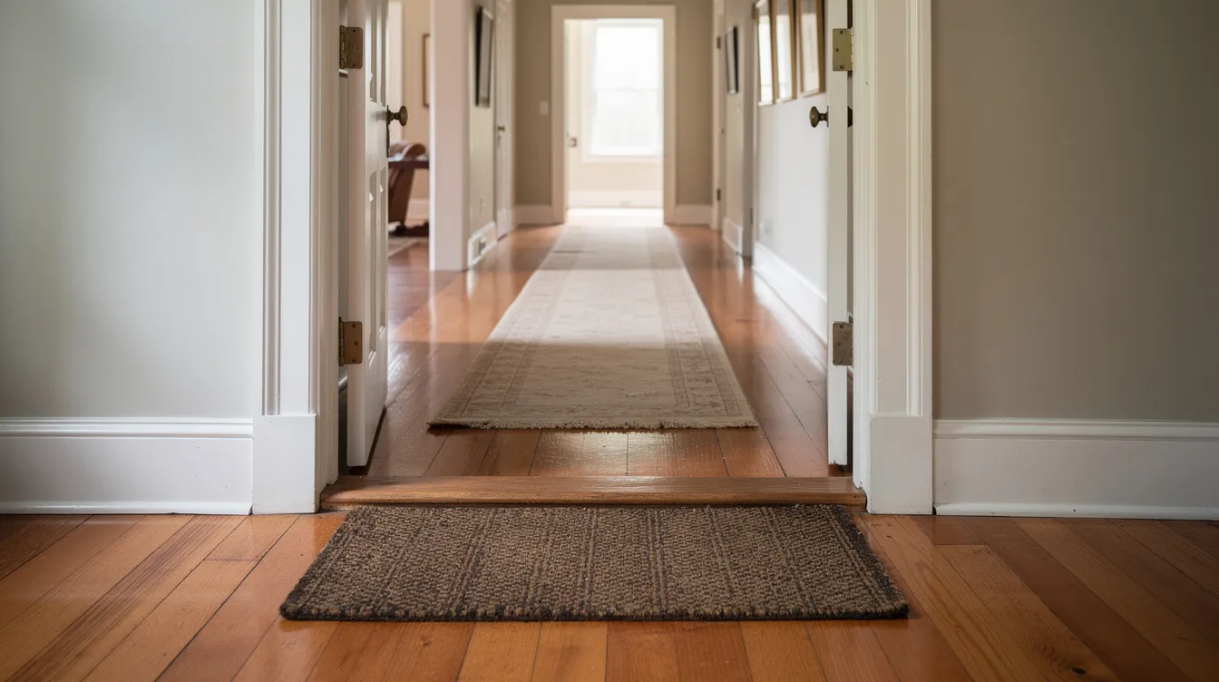 How to Extend the Life of Hardwood Floors 2 The image depicts the entryway of a New England home featuring a heavy-duty doormat and a stylish runner rug placed on beautiful hardwood flooring, which leads down a hallway. This setup not only enhances the natural beauty of the wood floors but also helps trap dirt and protect the floor's surface from wear and tear in high traffic areas.