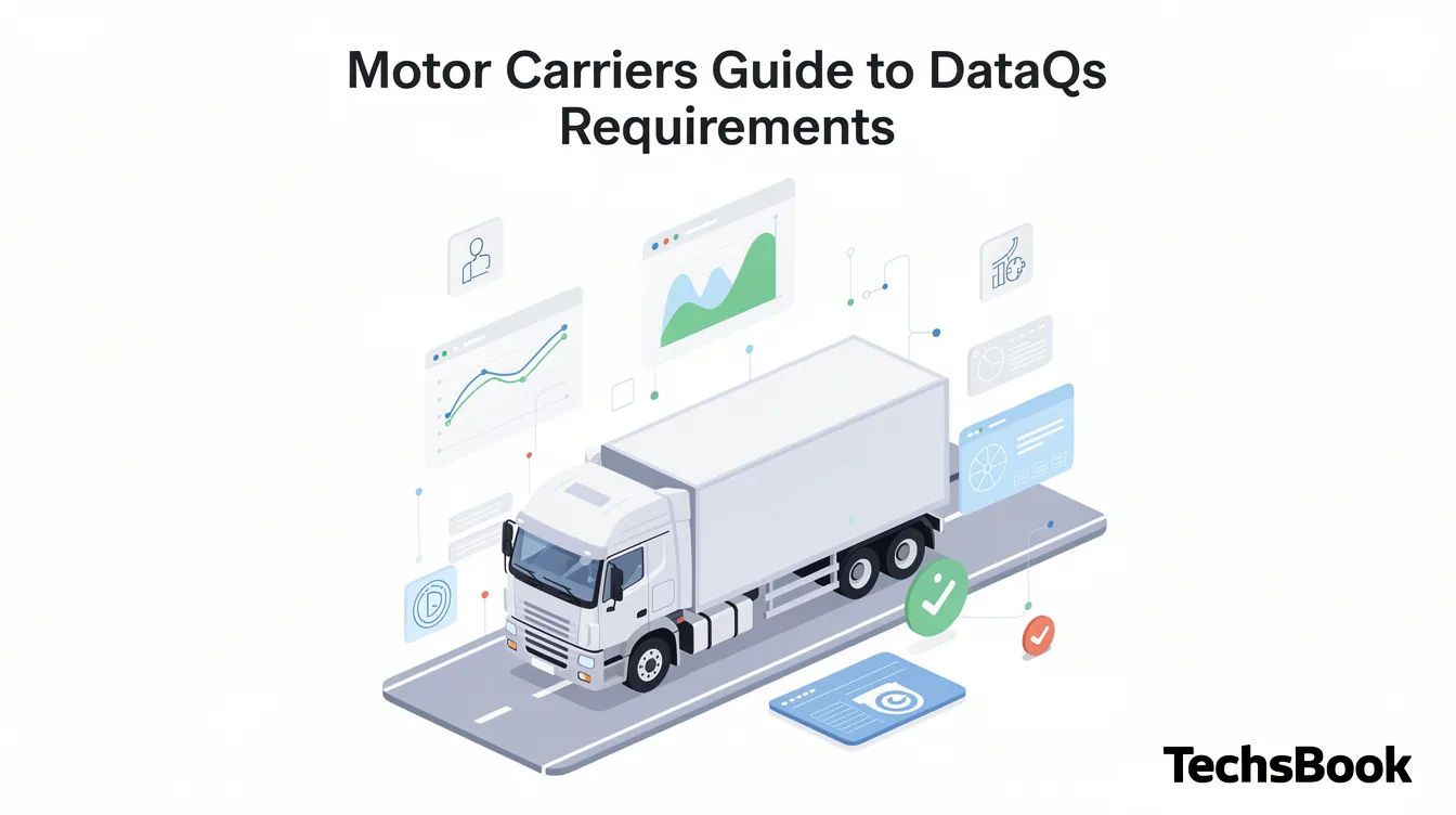 Roadcheck Violation Through DataQs : The image shows a visually engaging representation of the Motor Carriers Guide to DataQs Requirements, highlighting the importance of data review and roadside inspection data for motor carriers. In the bottom right corner, the word "TechsBook" is displayed in bold, emphasizing the resource's relevance in managing inspection reports and appealing violations through the dataqs system.