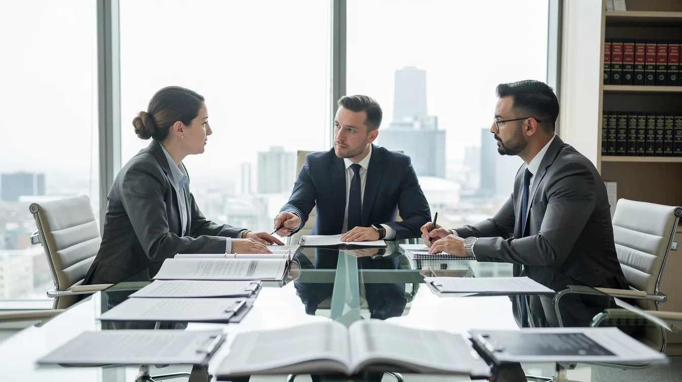 A professional legal consultation is taking place in a modern office, with various documents related to construction contracts and project schedules spread across a conference table. The meeting likely addresses construction delay claims, focusing on critical delays and their impact on project completion dates.