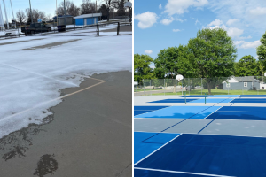 Upgraded multi-sport courts in Imperial City, NE, featuring four dedicated pickleball courts with durable acrylic surfacing and ghost lines for tennis.