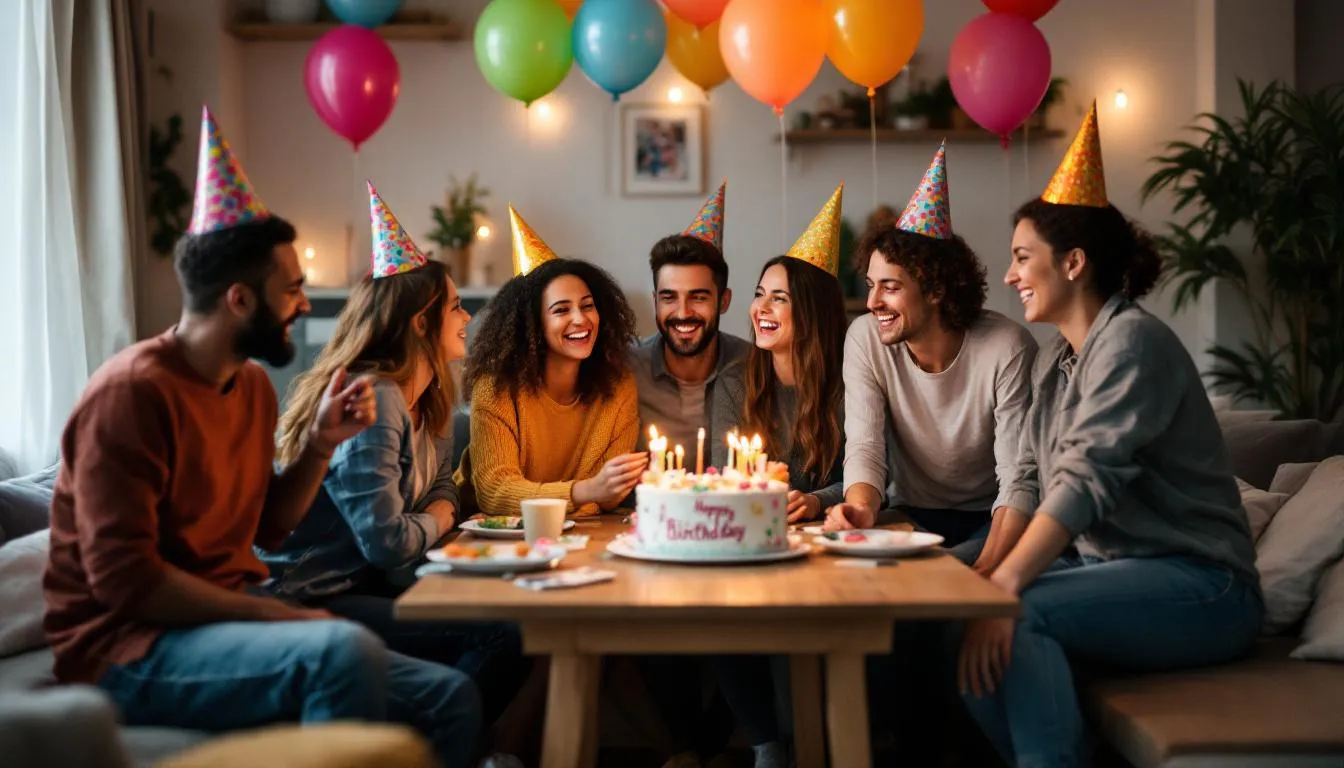 Na obrazku widoczna jest grupa przyjaciółek, które radośnie świętują osiemnaste urodziny jednej z nich. Dziewczyny trzymają w rękach kolorowe balony i prezenty, a w tle widać dekoracje urodzinowe, które tworzą wyjątkową atmosferę tego szczególnego dnia.