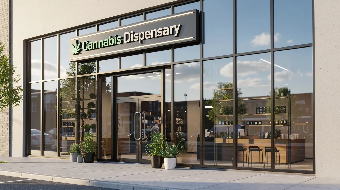 The image shows the exterior of a modern cannabis dispensary in Rhode Island, featuring clean signage and a welcoming entrance on a sunny day. This licensed cannabis dispensary is part of the regulated market for recreational marijuana and medical cannabis patients under the Rhode Island Cannabis Act.
