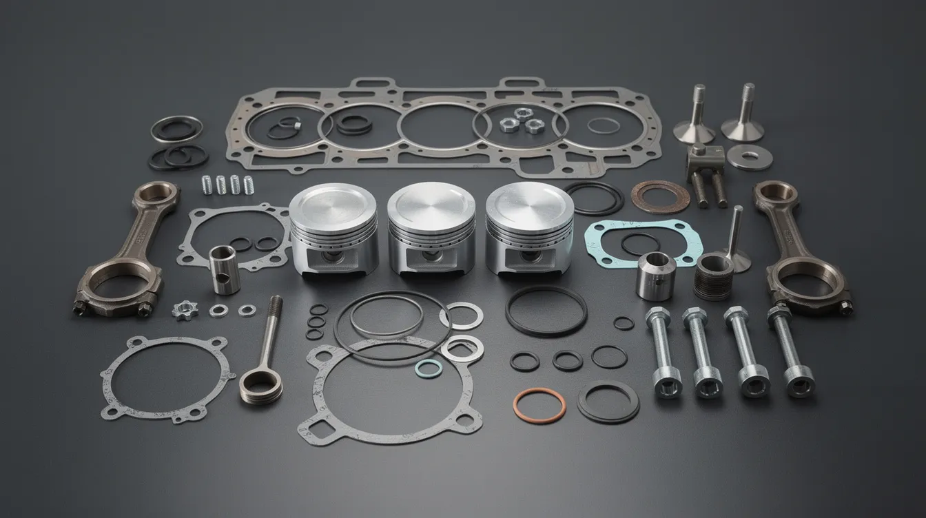The image showcases an assortment of diesel engine components, including high-quality pistons and gaskets, which are essential spare parts for Mitsubishi engines. These components are designed for industrial applications, ensuring reliability and efficiency in machinery such as excavators and generators.