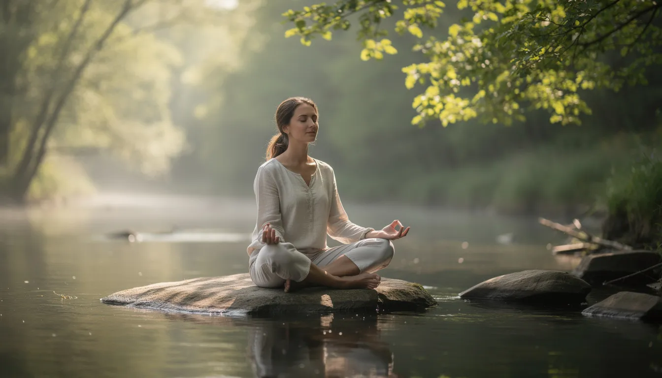 Une femme sereine pratique la méditation en pleine nature, entourée d'arbres verdoyants et d'une douce lumière filtrant à travers les feuilles. Cette scène évoque un sentiment de bien-être et de santé mentale, essentielle pour le corps humain et le système nerveux.