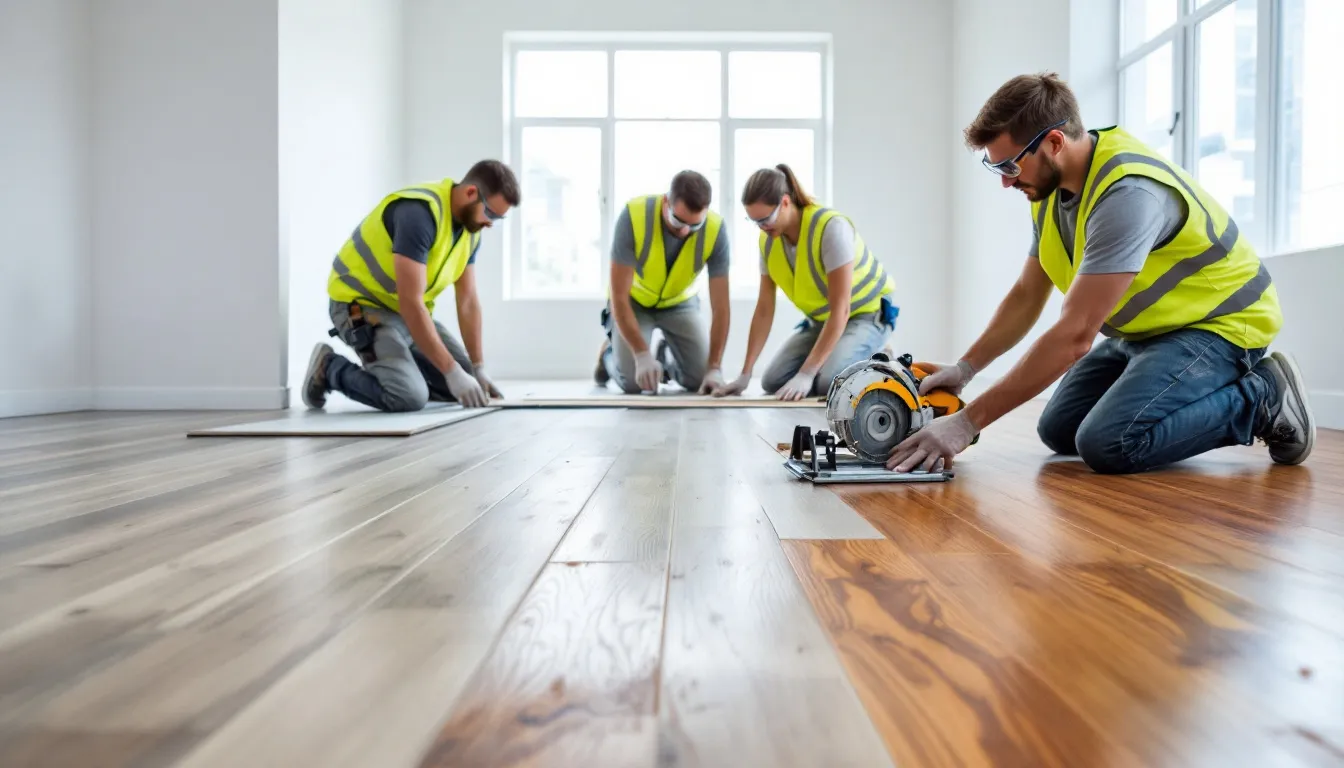 A step-by-step guide on the wood floor installation process with a focus on professional installers at work.
