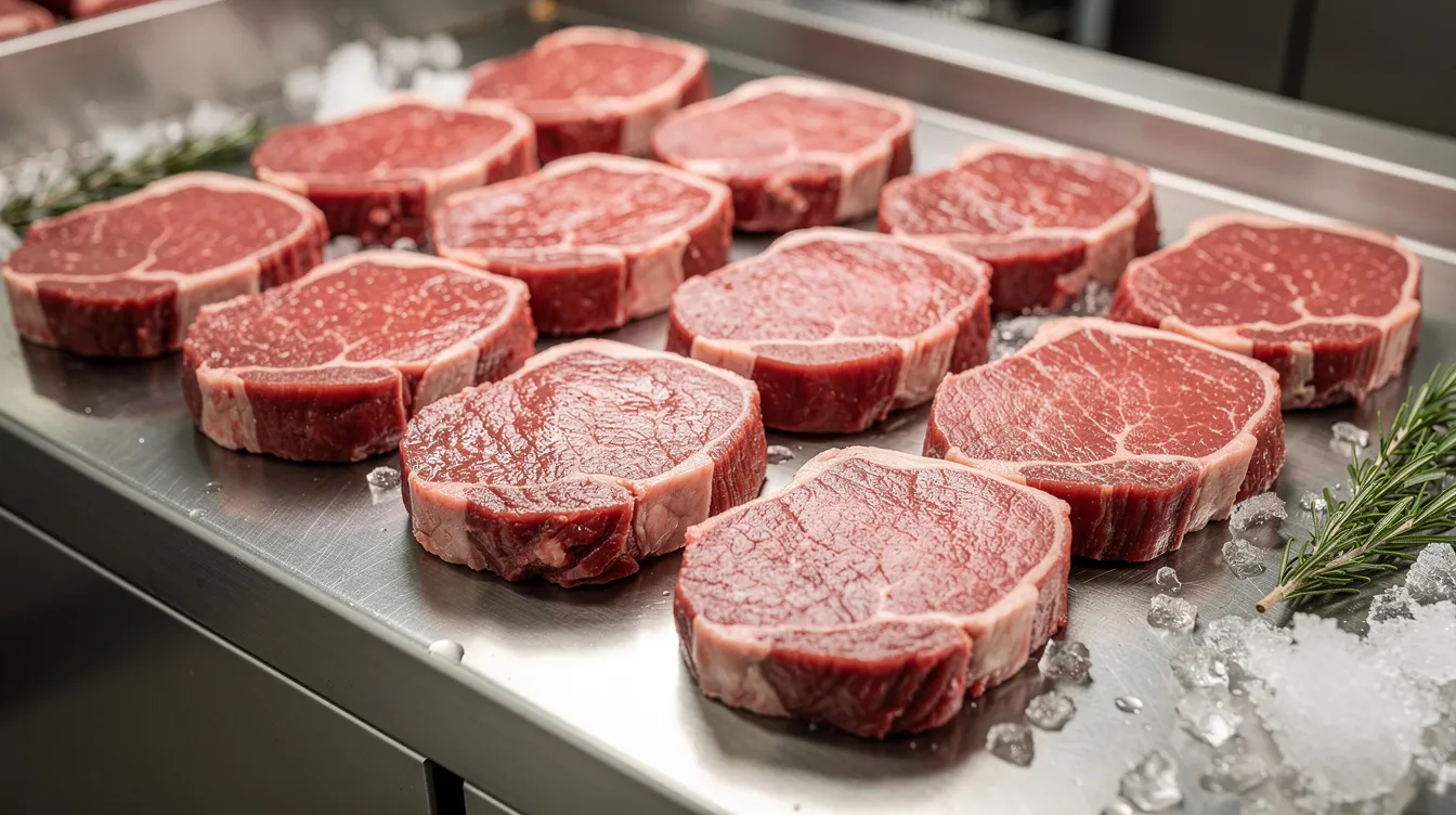 Freshly cut lamb portions are neatly arranged on a stainless steel butcher counter, ready for preparation. This imagery reflects the practice of aqeeqah, an Islamic tradition of animal sacrifice performed to celebrate a child's birth and express gratitude to Allah.