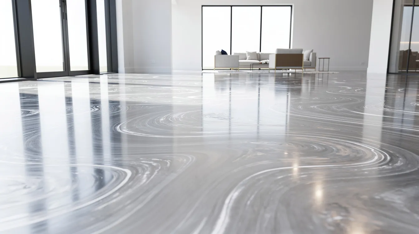 The image features a flowing metallic epoxy floor with shimmering silver swirls that beautifully reflect natural light, set in a modern interior space. This seamless surface showcases the aesthetic appeal of metallic epoxy flooring, ideal for both residential and commercial applications in Melbourne.