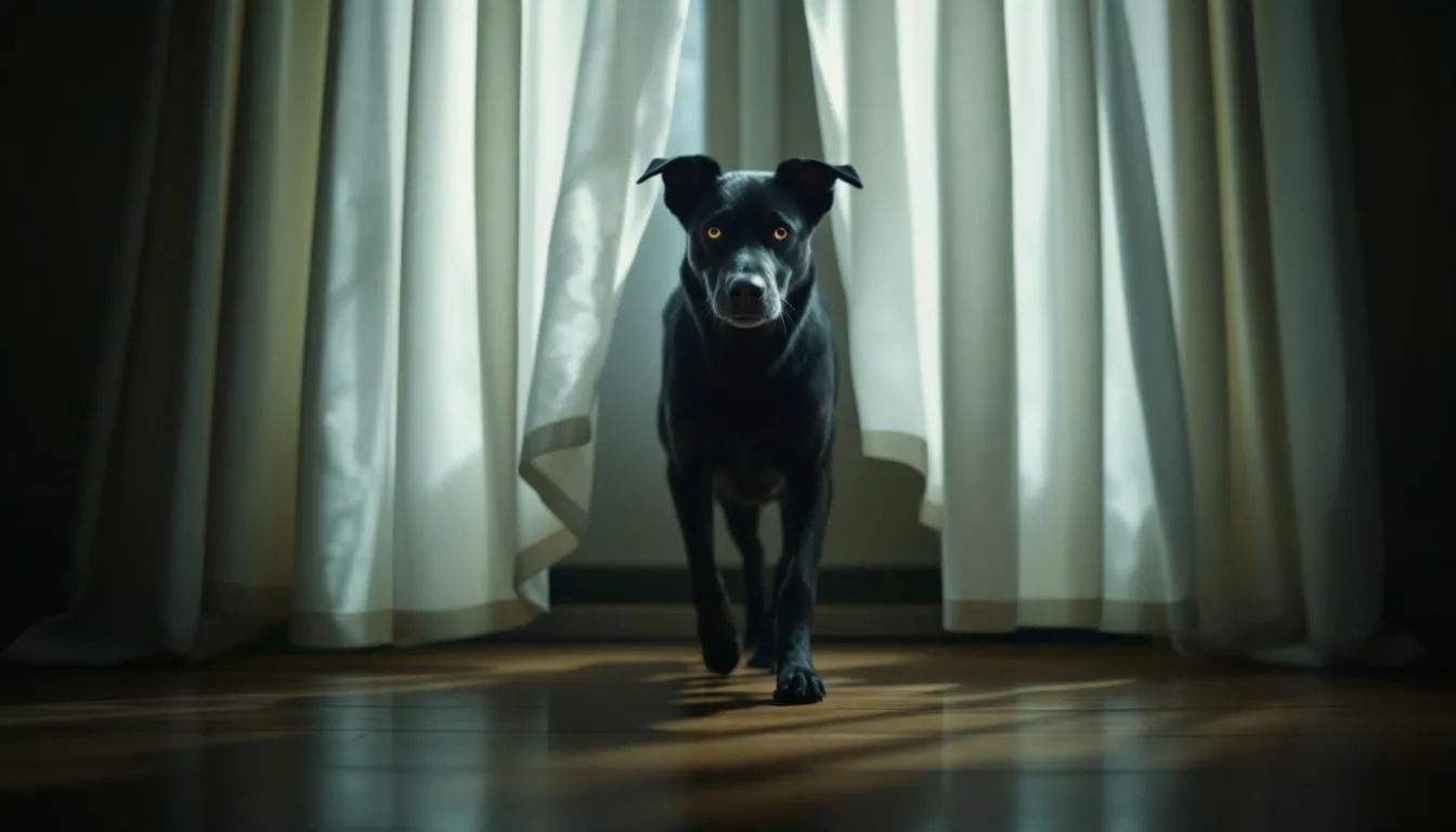 A dog, likely a bull terrier, is slowly walking under hanging curtains in a trance-like state, exhibiting odd behavior with glassy eyes. This dog trancing episode may be linked to canine compulsive disorder or other underlying medical conditions, capturing the attention of concerned pet parents.