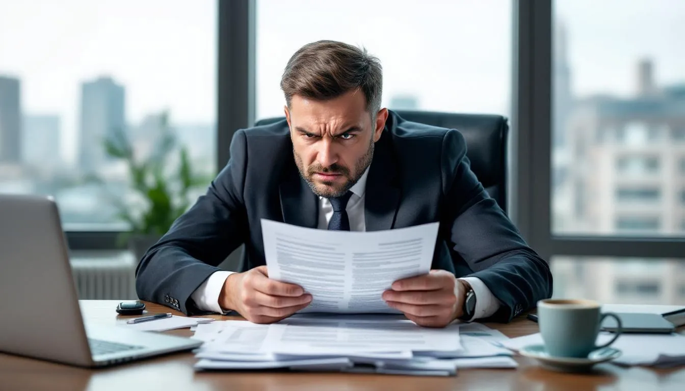 The image depicts a worried person sitting at a desk, examining official documents related to their financial situation, possibly concerning an IRS installment agreement or payment plan. Their expression reflects anxiety about managing tax debt and the implications of missed payments or financial hardship.