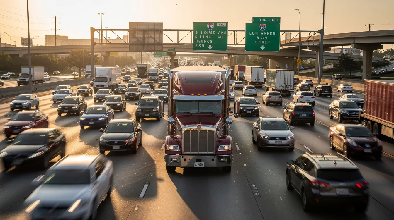 Un camión de 18 ruedas circula por la autopista I-10 en Houston, rodeado de tráfico denso. La imagen muestra la magnitud de los camiones en la carretera, resaltando la importancia de la seguridad y los posibles accidentes de camiones en esta concurrida vía.