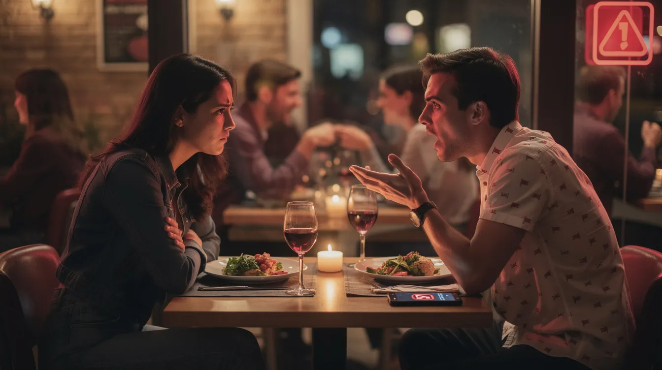 The image depicts a couple sitting at a restaurant table, visibly arguing during their first date, highlighting red flags such as differing interests and expectations. Their body language suggests tension, indicating they may not be on the same page about their relationship goals.