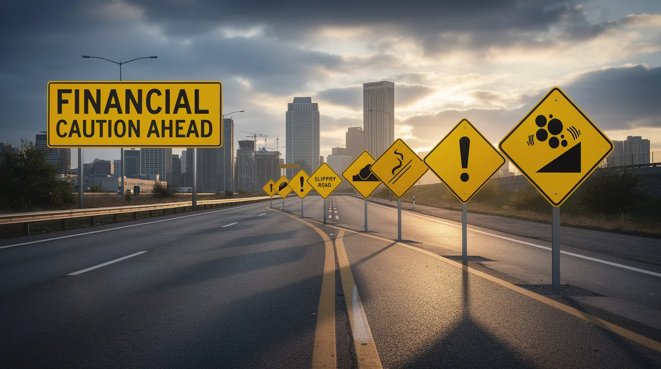 The image features various warning signs on a road, symbolizing the need for financial caution. These signs represent concepts related to 二線 清 數, such as the importance of understanding 還款 期 and the risks associated with 高 息 loans.