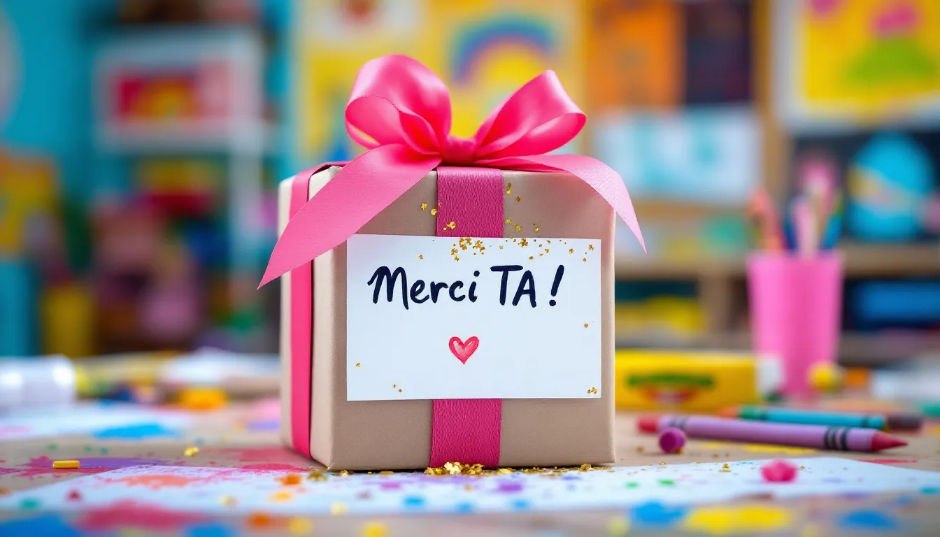 A small, beautifully wrapped gift box containing chocolates and a handwritten note that reads ‘Thank you TA!’ is set against a vibrant classroom backdrop, symbolizing appreciation for teaching assistants and the support they provide throughout the school year. This thoughtful gift highlights the importance of recognizing educators and their contributions to students' lives.