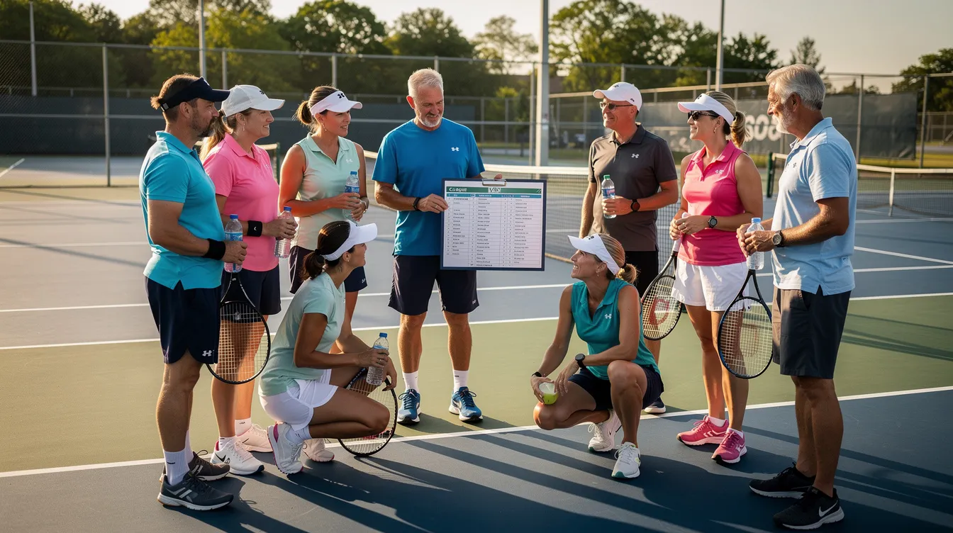A group of adult tennis players is gathered courtside, reviewing a league roster clipboard at an outdoor facility, discussing match results and their USTA ratings. The players, showcasing a range of skill levels, are engaged in a conversation about their performance and strategies for upcoming competitions.