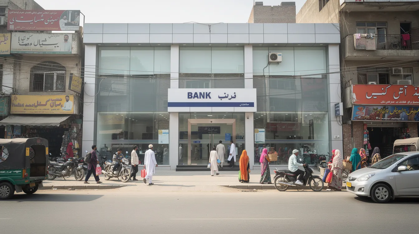 The image depicts a busy bank branch building in a Pakistani city, with people walking nearby, reflecting the hustle and bustle of urban life. This js bank branch offers services like money transfer and home remittance, making it a convenient location for customers to access their bank accounts and manage transactions.