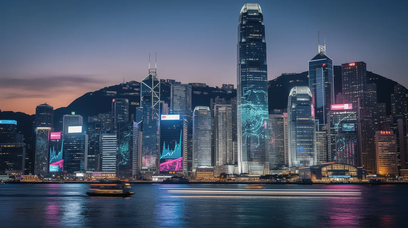 The image depicts a modern city skyline of Hong Kong at dusk, showcasing illuminated office buildings that symbolize fintech innovation. The vibrant lights reflect the dynamic atmosphere of the city, which is home to various financial institutions like Welab Bank, offering services such as personal loans and cash rebates.