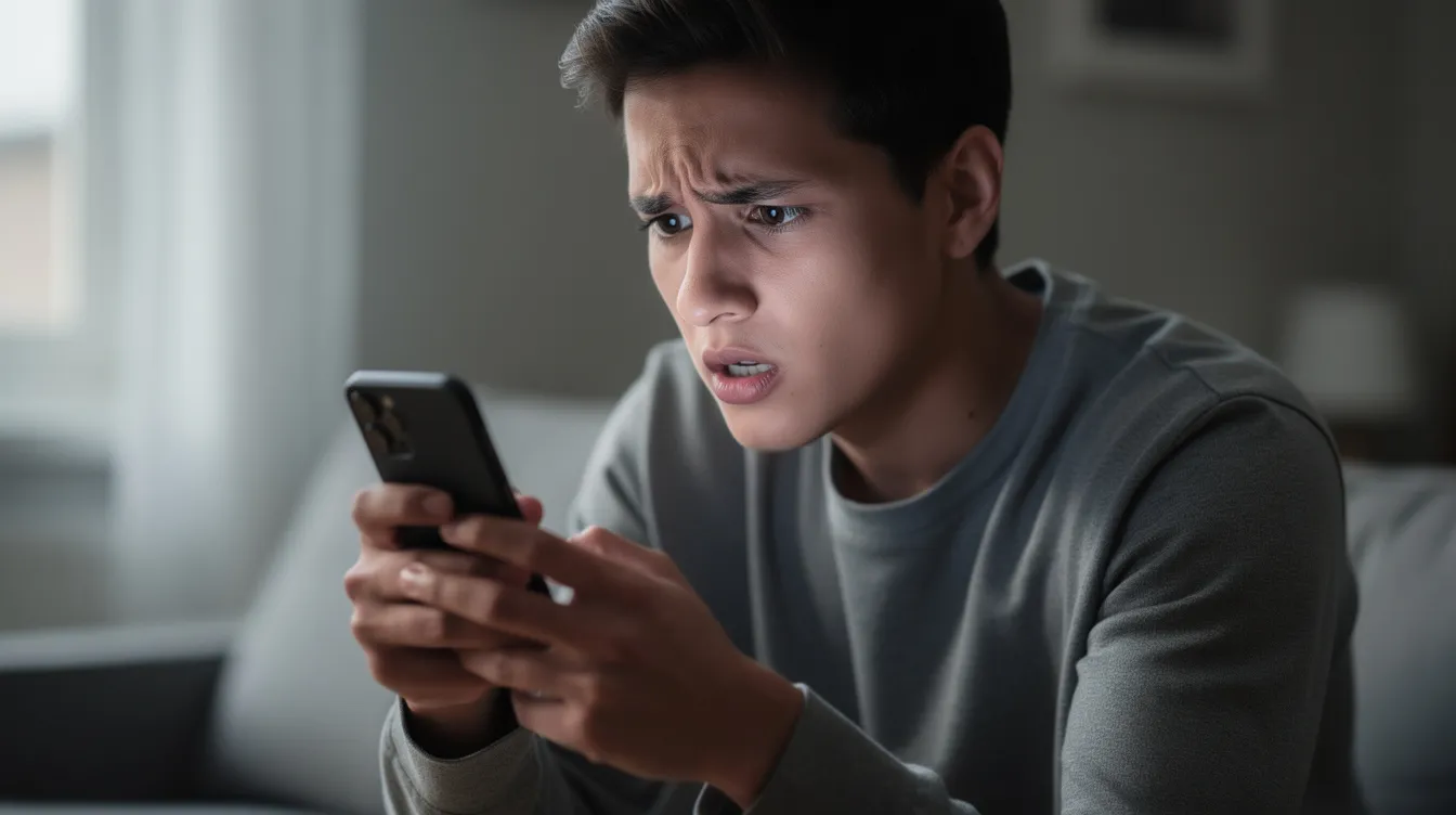 311e3f92 230b 465e b661 d65b3731e0b0 The image depicts a worried individual intently reading a message on their mobile phone, possibly related to their loan application or eligibility for a Pradhan Mantri Mudra Yojana loan. The person's expression suggests concern about important details regarding their financial situation or communication from a lender.