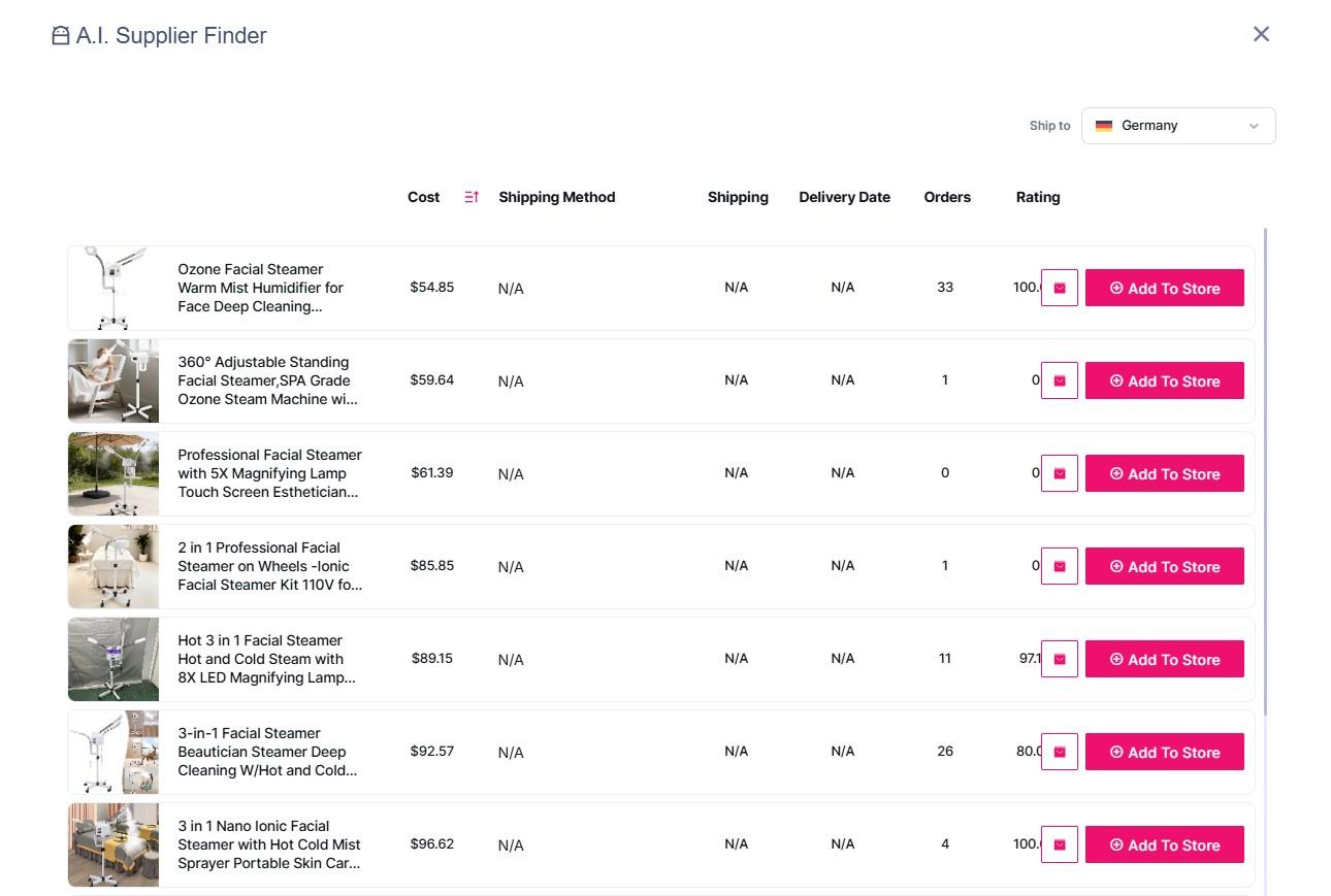 Sell The Trend AI Supplier Finder showing Germany facial steamer results with several shipping and delivery fields marked N/A