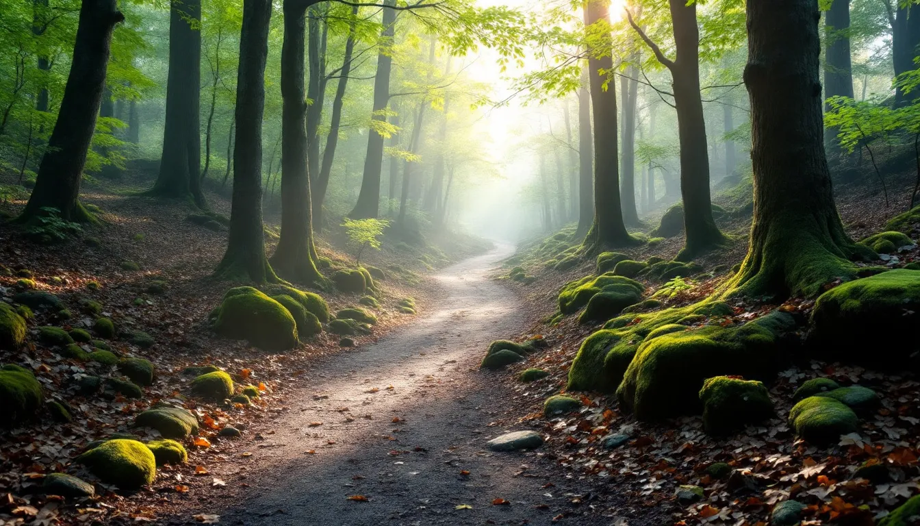 In a serene forest, two paths converge, symbolizing the journey of spiritual awakening and the synchronicity of meaningful coincidences. This image reflects the spiritual path one takes during the awakening process, inviting introspection and connection with the natural world.
