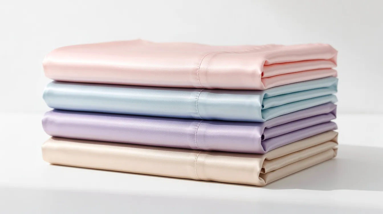 A stack of neatly folded satin pillowcases in soft pastel colors rests on a clean white surface, showcasing the smooth texture and luxurious sheen of the satin fabric. These silk or satin pillowcases are ideal for promoting hair health and skin benefits, reducing friction to prevent hair breakage and skin irritation during sleep.