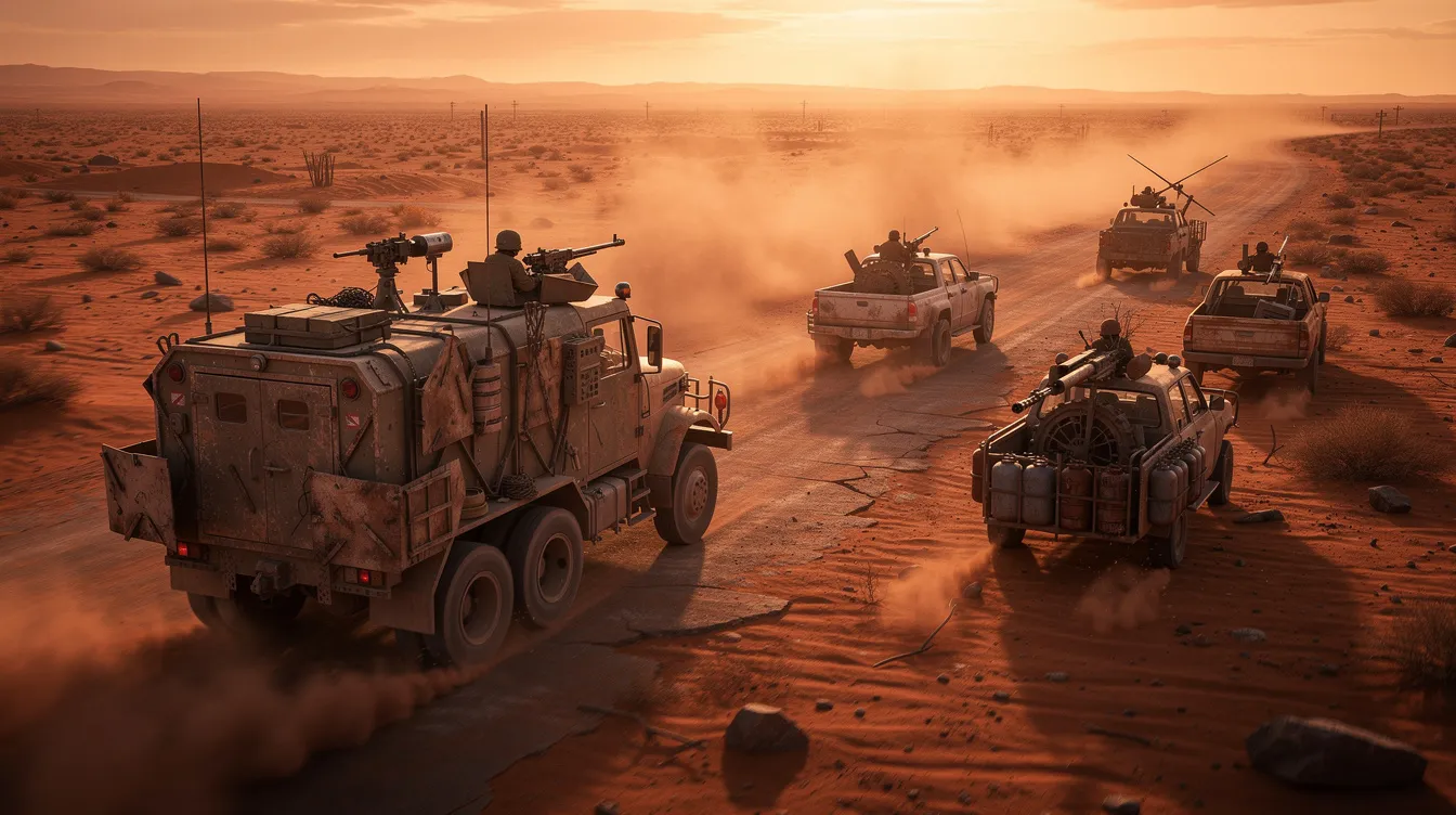 Ein schwer bewaffneter Truck fährt durch eine staubige, orangefarbene Wüstenlandschaft, während mehrere kleinere, improvisierte Fahrzeuge ihn verfolgen. Diese Szene erinnert an die actionreiche Verfolgungsjagd aus "Mad Max: Fury Road", in der die Protagonisten in einer post-apokalyptischen Welt um ihr Überleben kämpfen.
