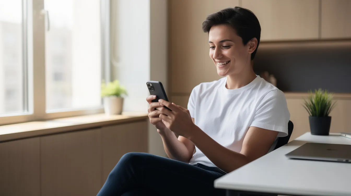 A person is smiling while using a smartphone in a modern setting filled with natural lighting, conveying a sense of emotional connection and happiness. This image reflects the importance of quality time and healthy communication in building successful romantic relationships.