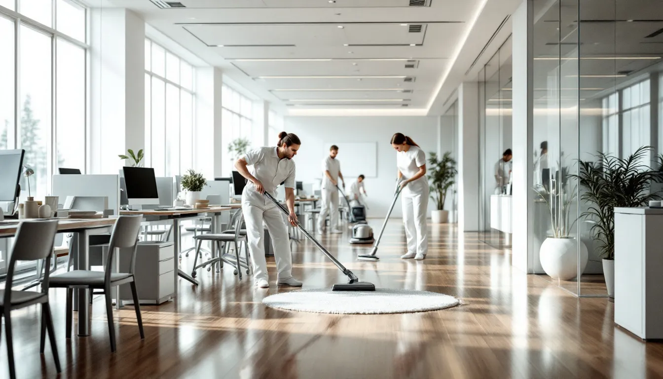 An office space being cleaned by professional cleaners for a spotless environment.