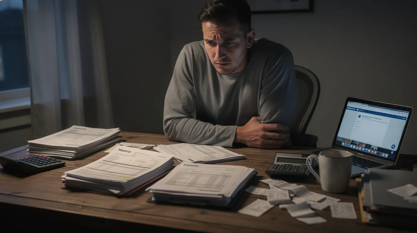 31258f79 35e0 40d1 975a 3e229e2f875e A small business owner sits at a desk, looking worried as they review bank documents, possibly related to a mudra loan or customer complaints. Their expression suggests concern over the resolution of issues that may involve the banking ombudsman or the Reserve Bank of India's complaint management system.