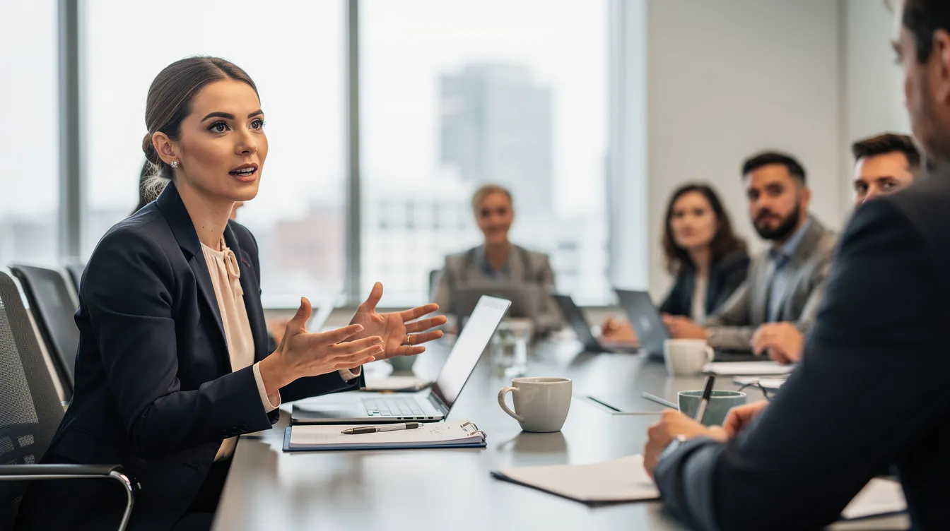 A confident young woman is speaking assertively in a professional meeting, showcasing her self-esteem and self-confidence. Her presence emphasizes the importance of positive thoughts and self-acceptance in overcoming self-doubt and building a successful career.