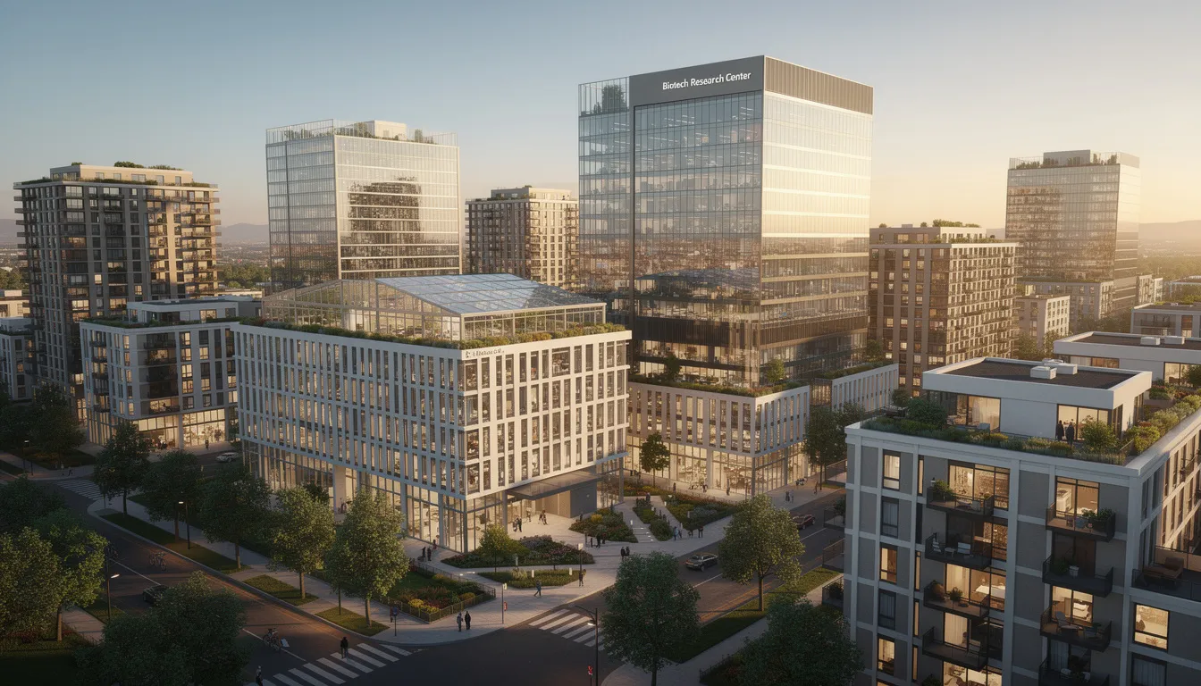 The image depicts a modern city skyline, showcasing tall residential buildings intertwined with advanced life sciences and biotech facilities, symbolizing a hub for scientific research and the production of high-quality peptides. This vibrant urban landscape reflects the integration of biotechnology and community living, emphasizing innovation in areas such as peptide synthesis and the development of amino acid derivatives for human use.