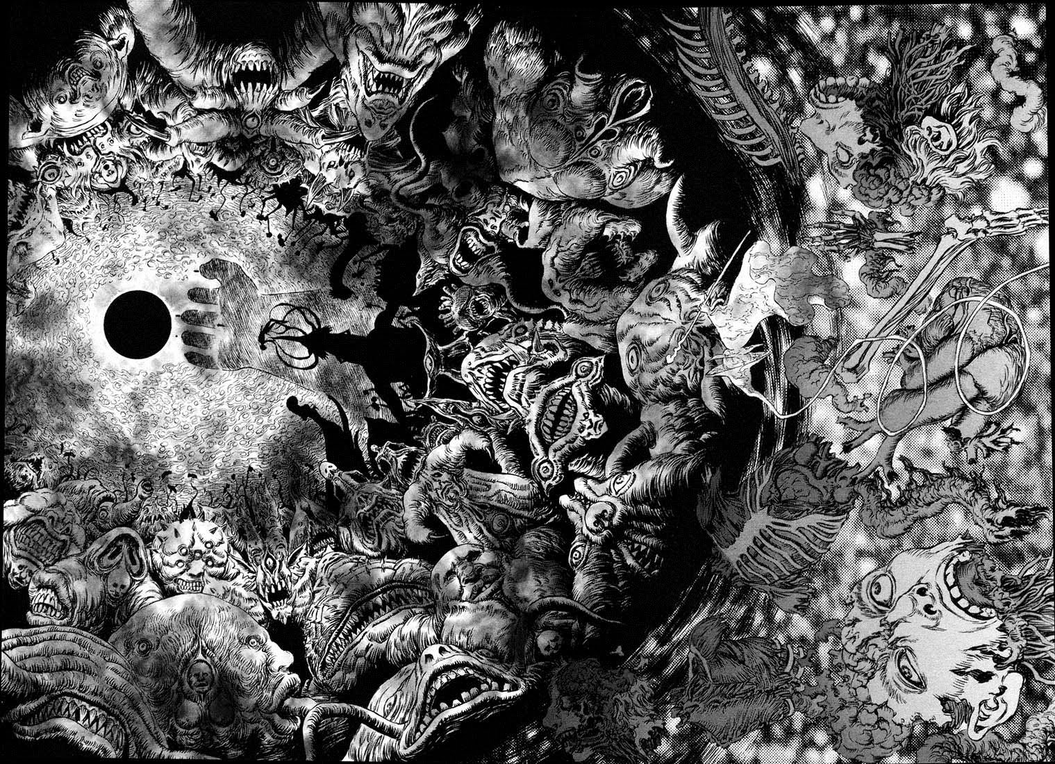 Guts' Memory of the Eclipse: God Hand in clear focus with the eclipse to the nightmarish apostles from Berserk