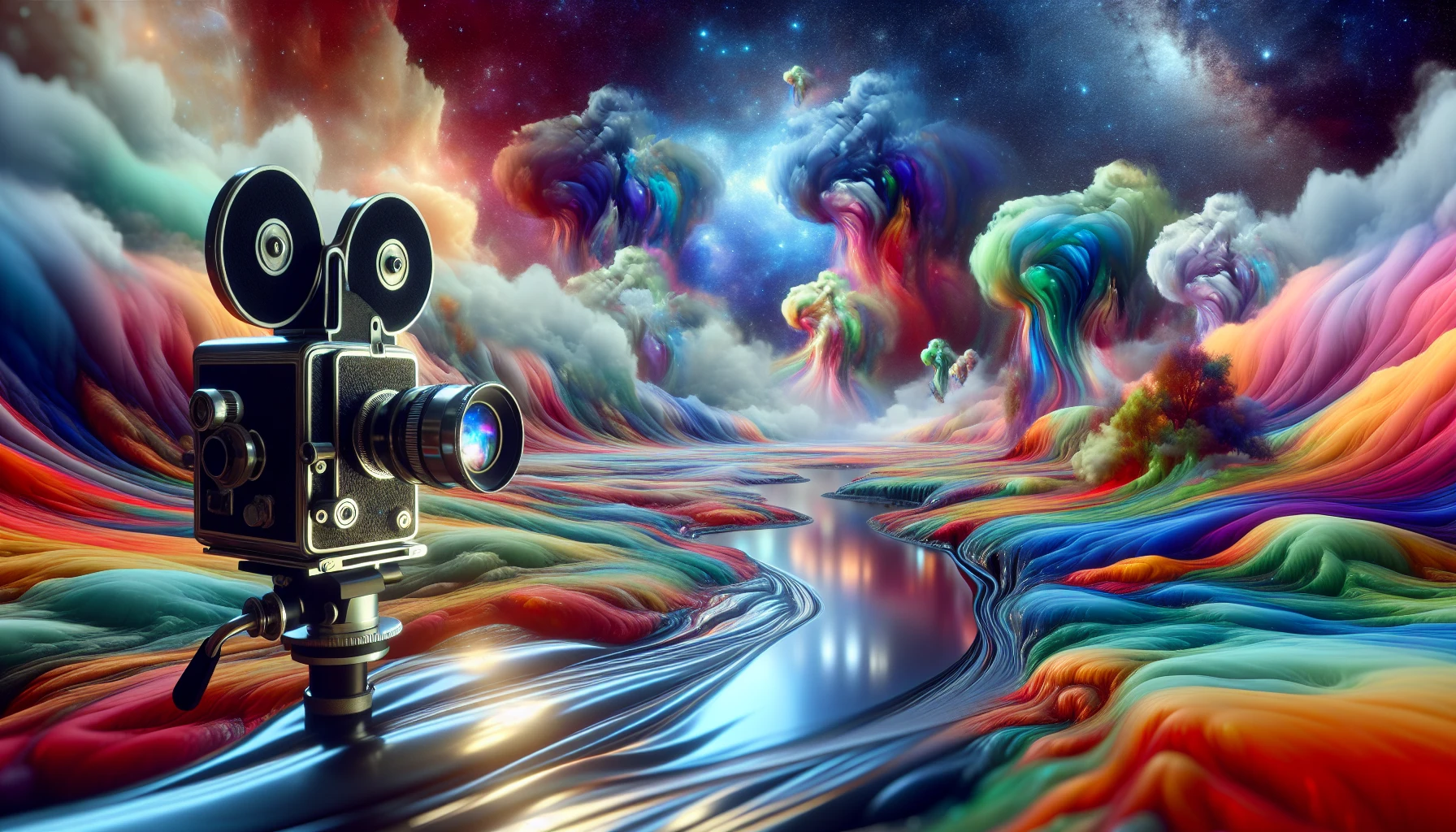 A mesmerizing and colorful illustration of a surreal movie scene with vibrant visuals and otherworldly landscapes.