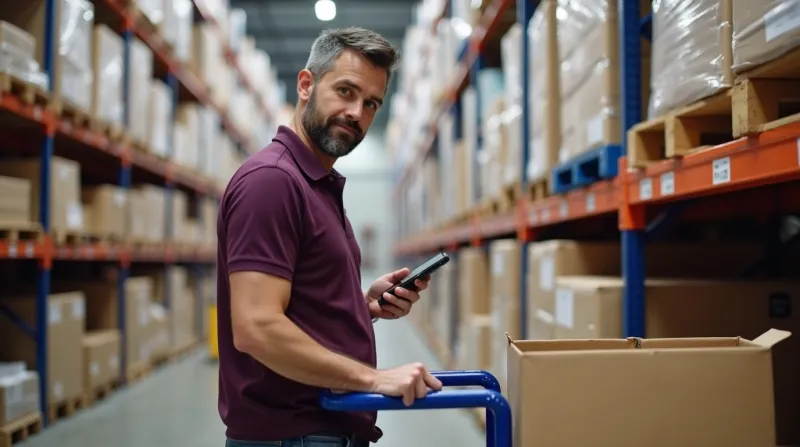 Male employee uses a picking cart and smartphone, engaging with the camera in a well-lit, organized warehouse.