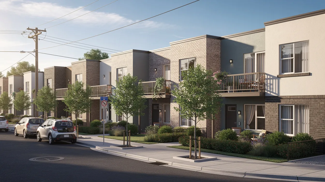 The image depicts a row of small multifamily apartment buildings lining a residential street, showcasing a typical neighborhood setting ideal for real estate investors. These properties could be potential investment properties, often financed through hard money loans or traditional mortgages, depending on the financial situation of the buyer.