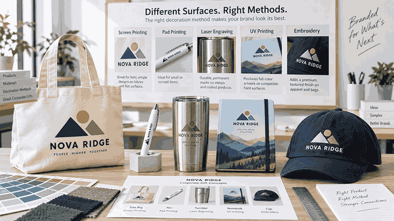 Corporate gift products showing suitable logo decoration methods, including screen printing, pad printing, laser engraving, UV printing, and embroidery.