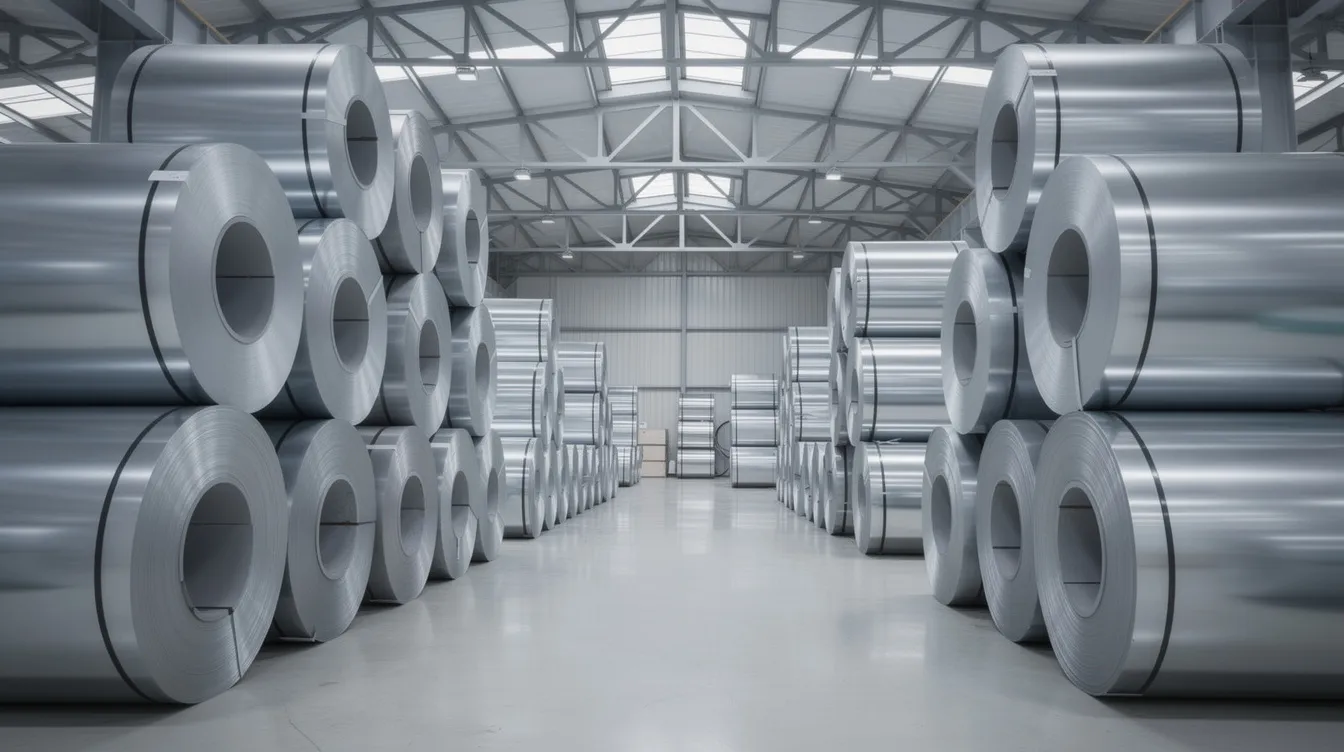 The image features stacked shiny cold rolled steel coils in a clean industrial warehouse, showcasing the smooth surface and consistent quality characteristic of cold rolled steel. This arrangement highlights the precision and mechanical properties essential for various industries and structural applications.
