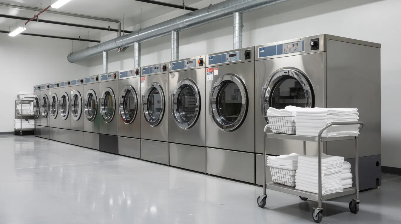 A row of large stainless steel commercial washing machines is prominently displayed inside a brightly lit industrial laundry facility, showcasing the efficient laundry operations typical of a reliable hotel laundry service. This setup emphasizes the convenience and professionalism associated with hotel laundry rooms, ensuring clean clothes for guests and enhancing their overall experience.