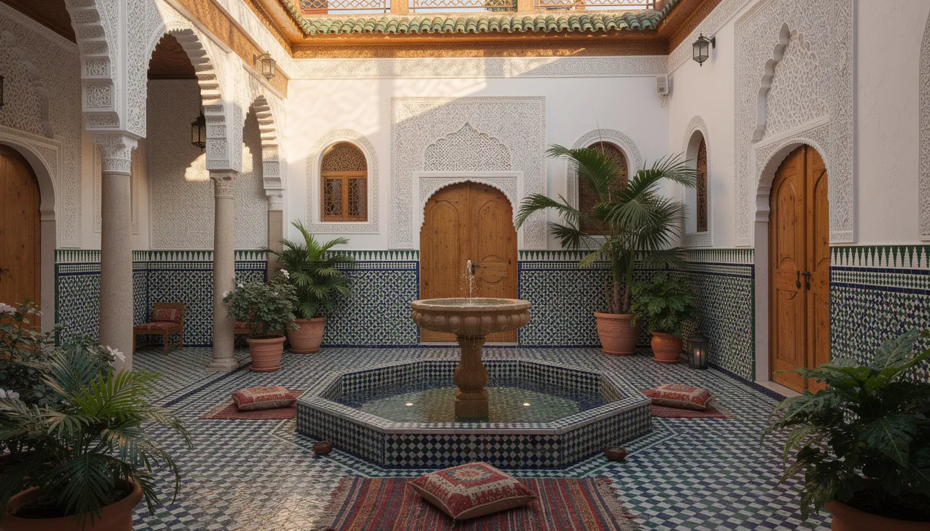 The image depicts a traditional Moroccan riad courtyard featuring intricate, colorful tiles surrounding a serene fountain, embodying the essence of authentic Morocco. This tranquil space invites visitors to explore its architectural beauty, making it a perfect setting for those seeking cultural immersion during their Morocco private tour.