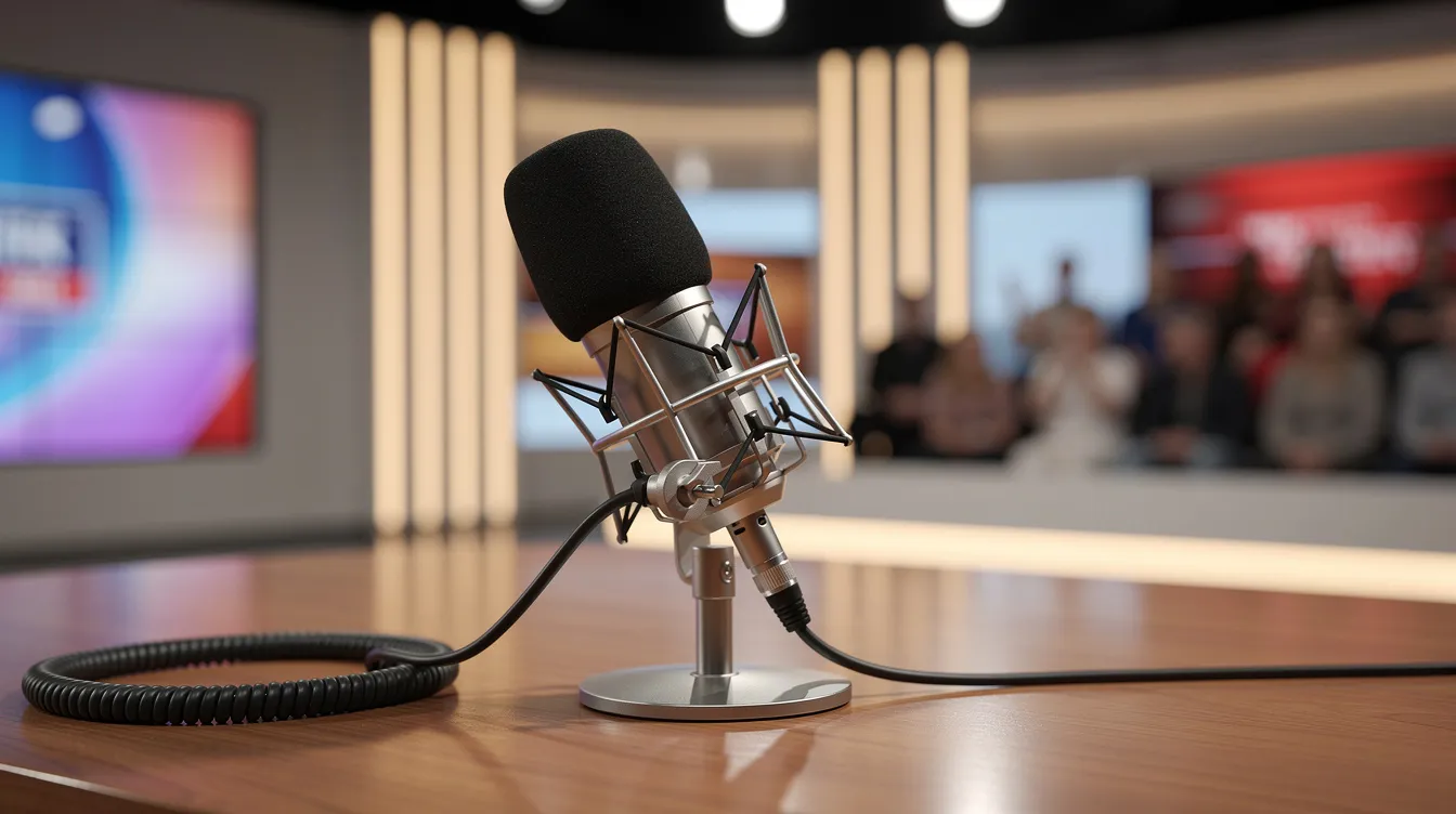 Das Bild zeigt ein professionelles Fernsehmikrofon, das auf einem Tisch in einem hell beleuchteten Talkshow-Studio platziert ist. Die Umgebung strahlt eine lebendige Atmosphäre aus, die typisch für TV-Formate ist, in denen Experten wie Mario Basler ihre Meinungen zu Themen wie Fußball und Karriere teilen.