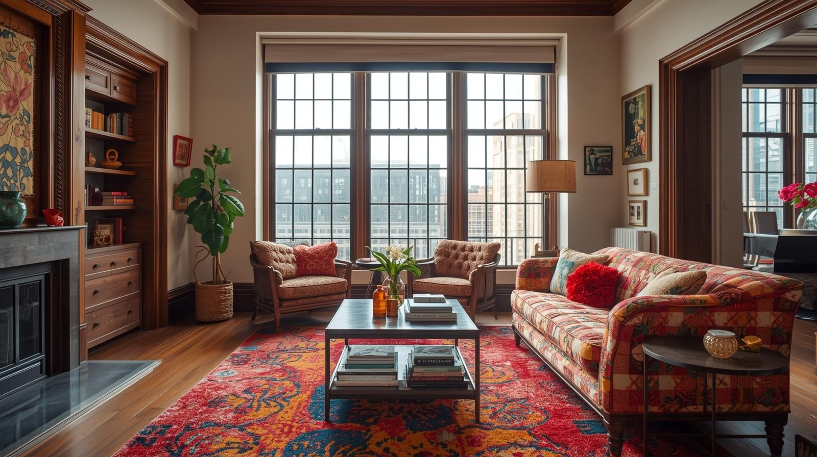 A large living room with wooden accents, large windows, a patterned couch, chairs and rug.