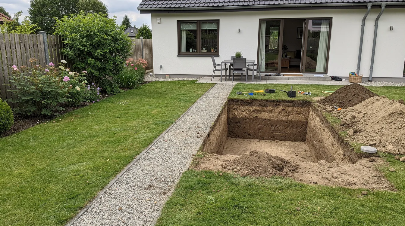 L'image montre un jardin résidentiel avec une zone de terrassement où une cuve enterrée pour une micro station d'épuration est en cours d'installation. Ce projet d'assainissement non collectif nécessite une étude de sol préalable pour garantir le bon fonctionnement du système d'assainissement.