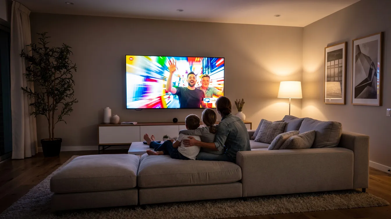 A modern living room features a large flat-screen TV showcasing vibrant live television content, while a family enjoys the show from a cozy couch. This scene highlights the convenience of IPTV technology, allowing viewers to watch live TV with excellent picture quality and streaming performance.