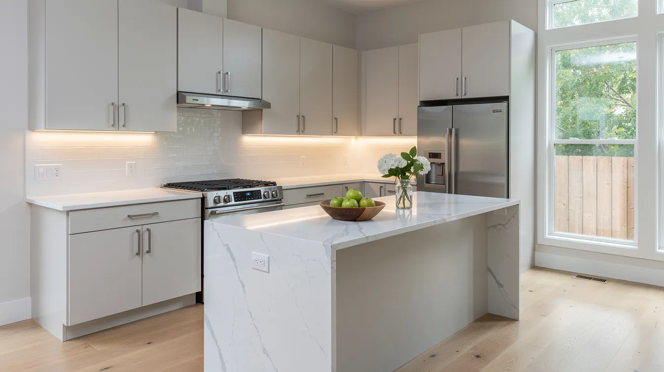 The image depicts a freshly renovated modern kitchen featuring sleek new cabinets and elegant countertops, showcasing the results of a successful fix and flip project. This transformation highlights the potential of investment property renovations, appealing to real estate investors and first-time flippers alike.