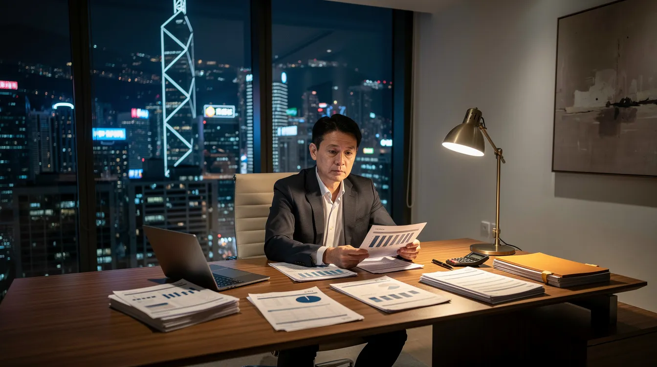 A person is seated at a modern desk in a Hong Kong apartment, meticulously reviewing stacks of financial documents and statements related to debt restructuring. The scene reflects a focus on managing financial issues, possibly involving 二線 財務 and various loan options.