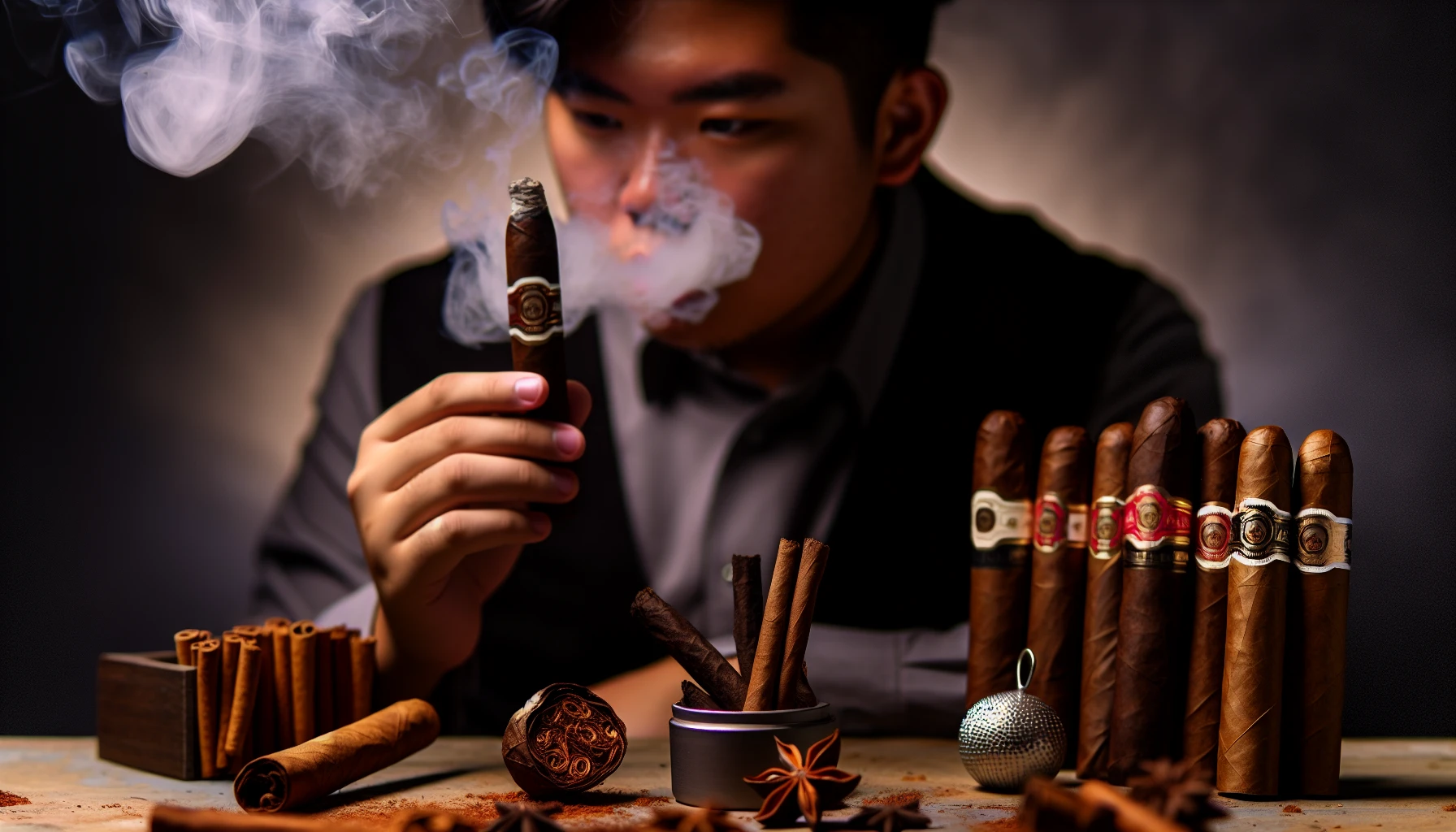 A person holding a Bellas Artes Maduro cigar, surrounded by sweet spices and rich aromas, depicting the flavor journey experienced with the cigar